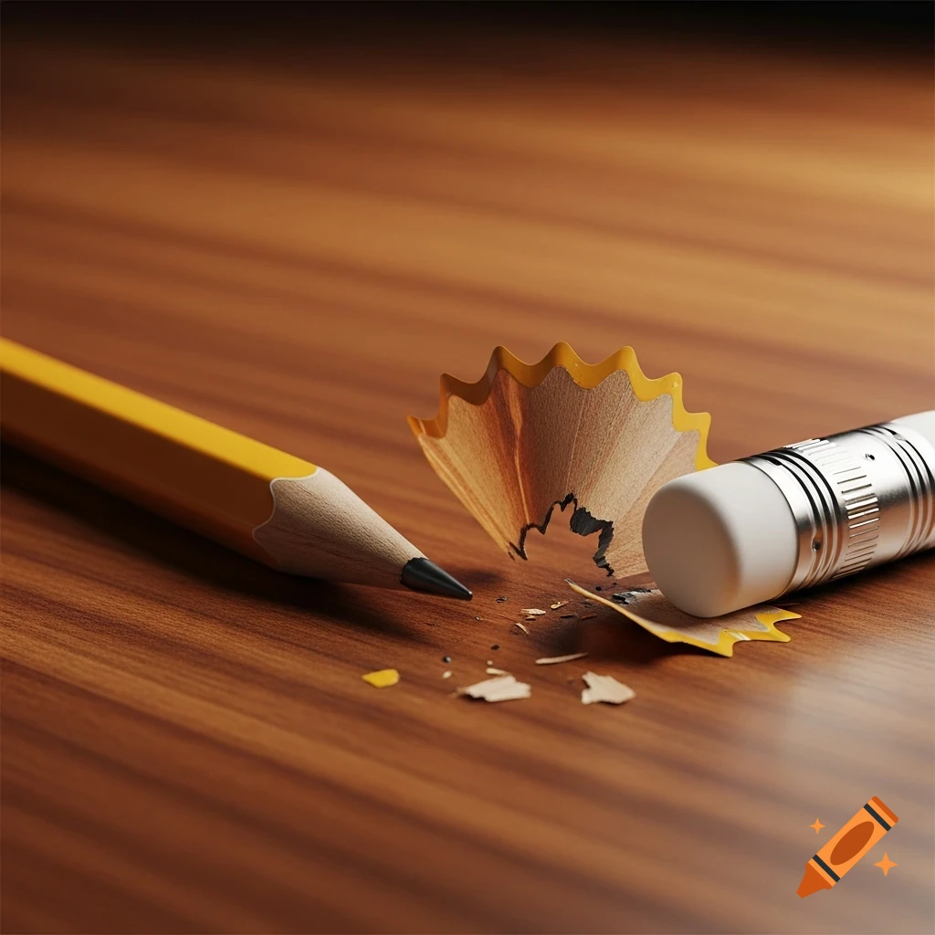 A yellow pencil with a sharpened tip and a white eraser sits beside delicate wood shavings on a polished wooden desk, in a photorealistic style.