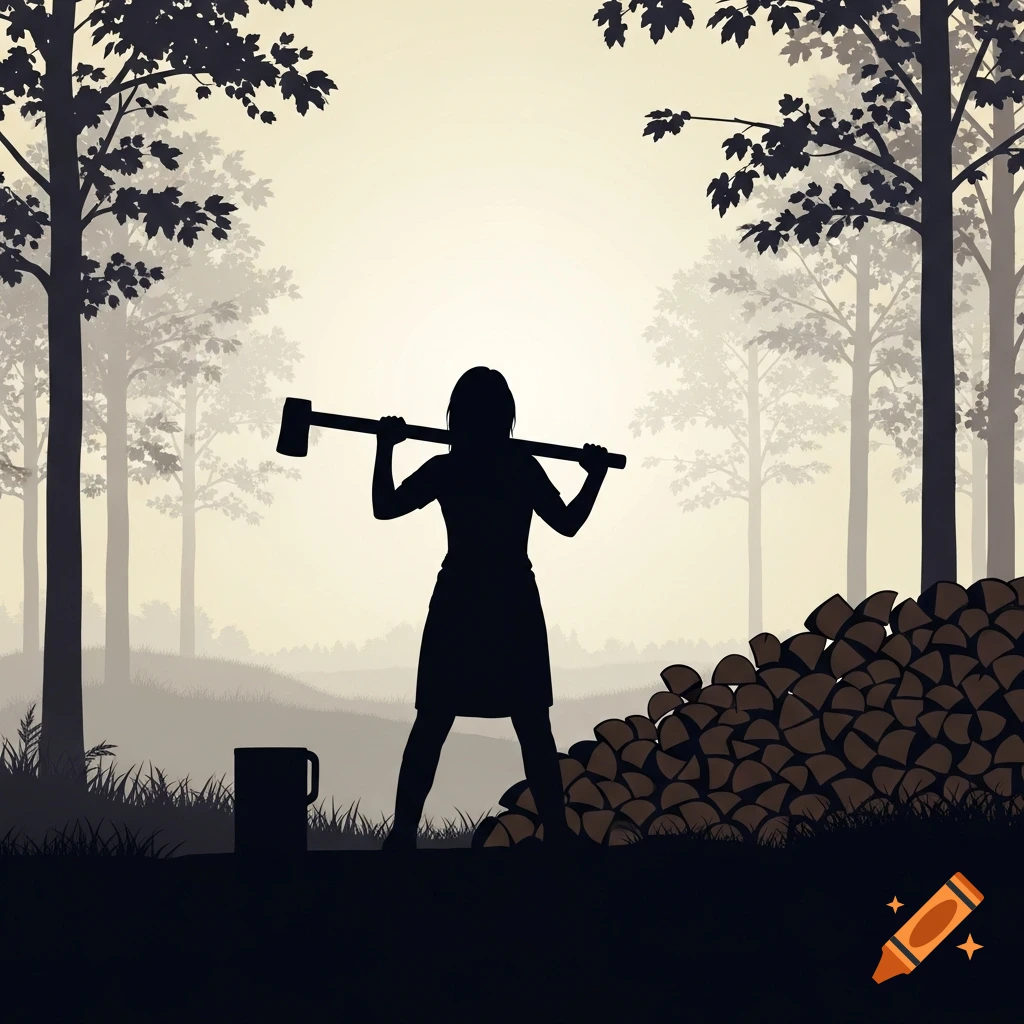 A silhouette of a woman holding a splitting maul in a forest with stacked firewood and a bucket.