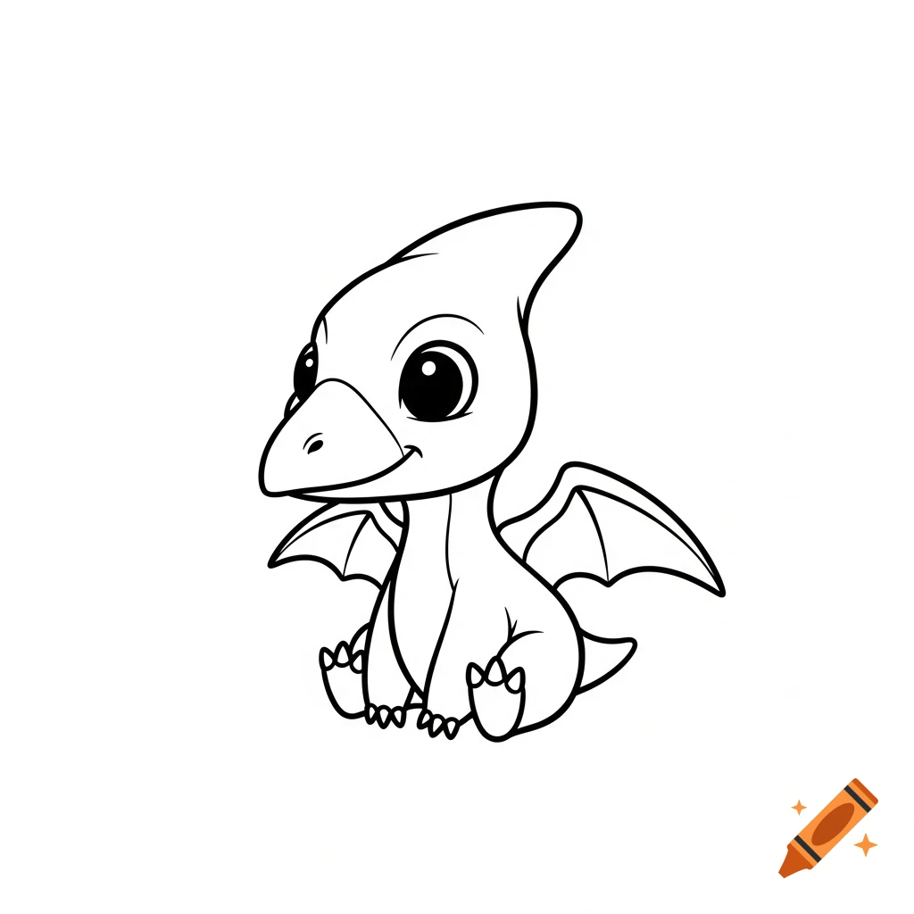 Cute baby pterodactyl in black and white line art, for a children's coloring book.