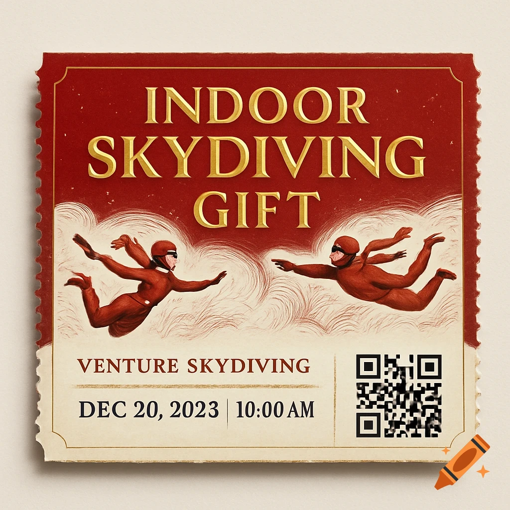 An indoor skydiving gift ticket in red and cream, featuring golden text, two cartoon skydivers, "Venture Skydiving", a date and time, and a garbled QR code.