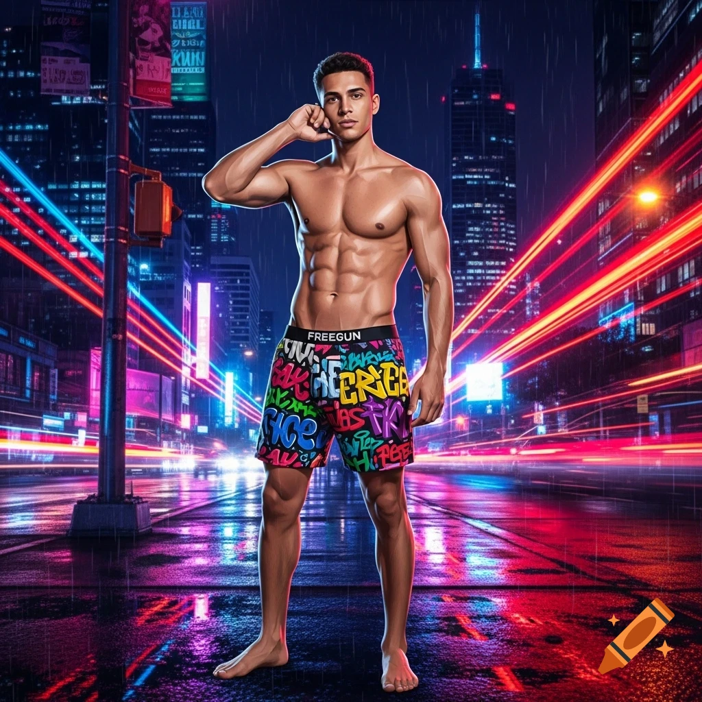 A shirtless muscular man in graffiti-print shorts stands barefoot on a wet city street at night with neon light trails.