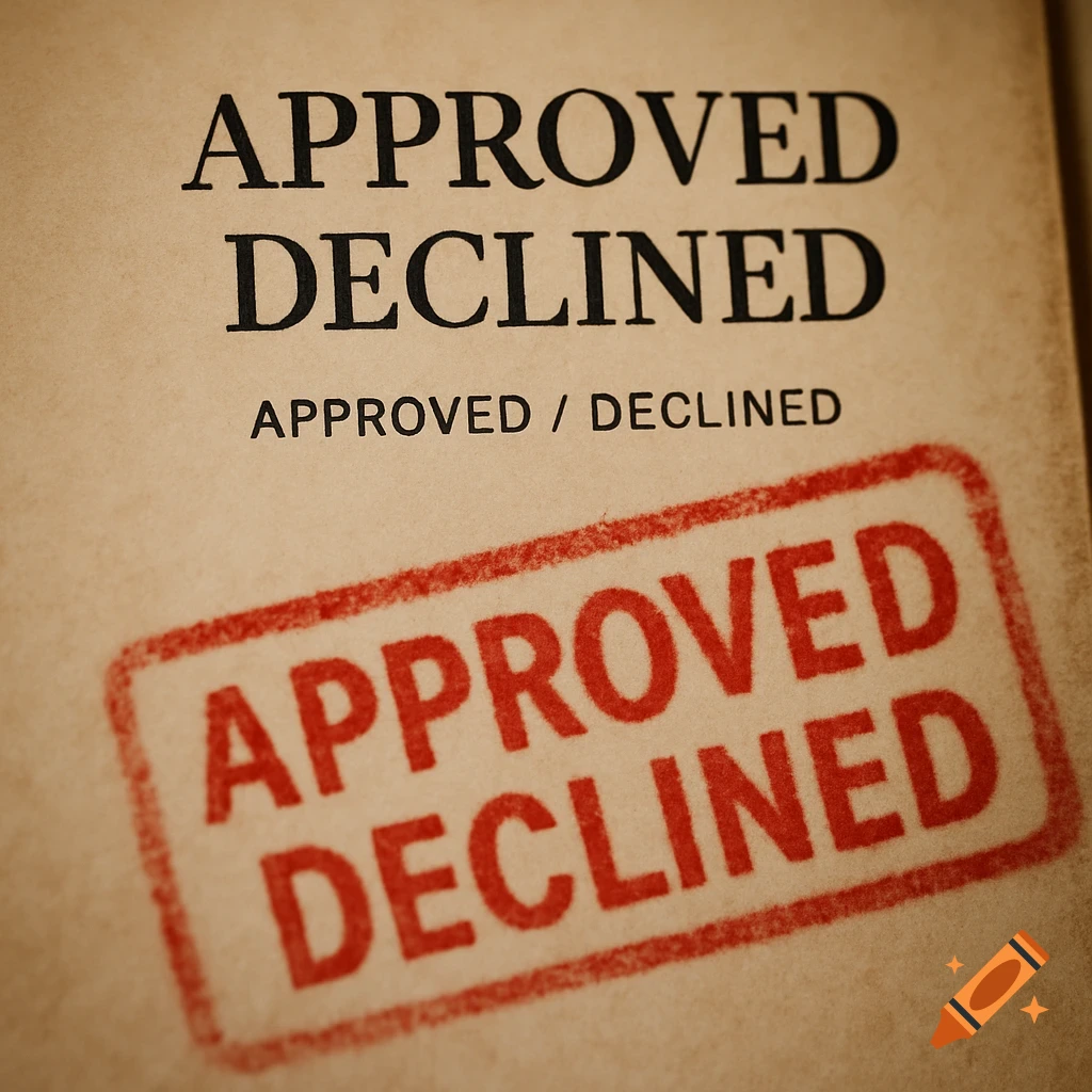 A close-up of a textured document with 'APPROVED DECLINED' printed and a large red rubber stamp marking 'APPROVED DECLINED'.