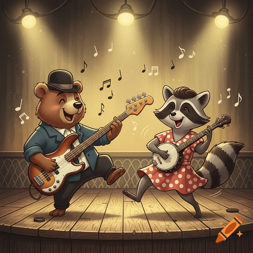 A cartoon bear in a hat plays a bass guitar while a raccoon in a polka dot dress plays a banjo on a vintage-style stage with spotlights and musical notes.