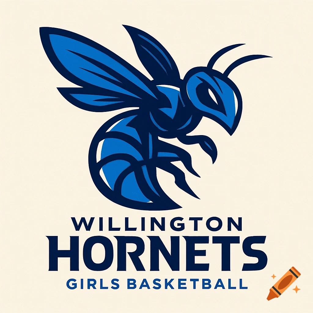 A blue and dark blue logo for the Willington Hornets Girls Basketball team, featuring a stylized hornet with a basketball pattern on its body.