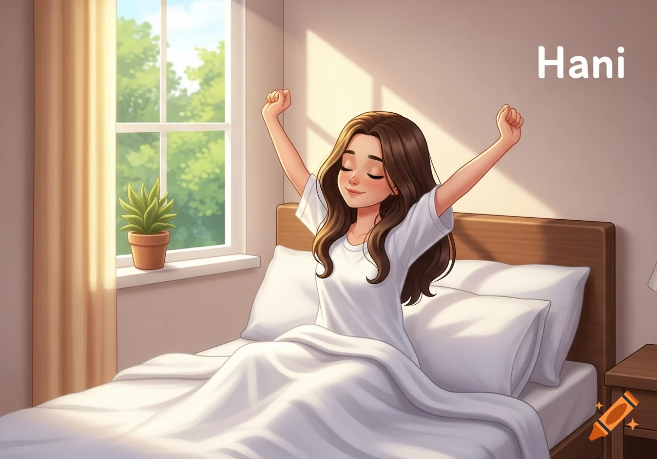 2D cartoon of a young woman named Hani stretching in bed in a sunlit bedroom with a plant by the window.