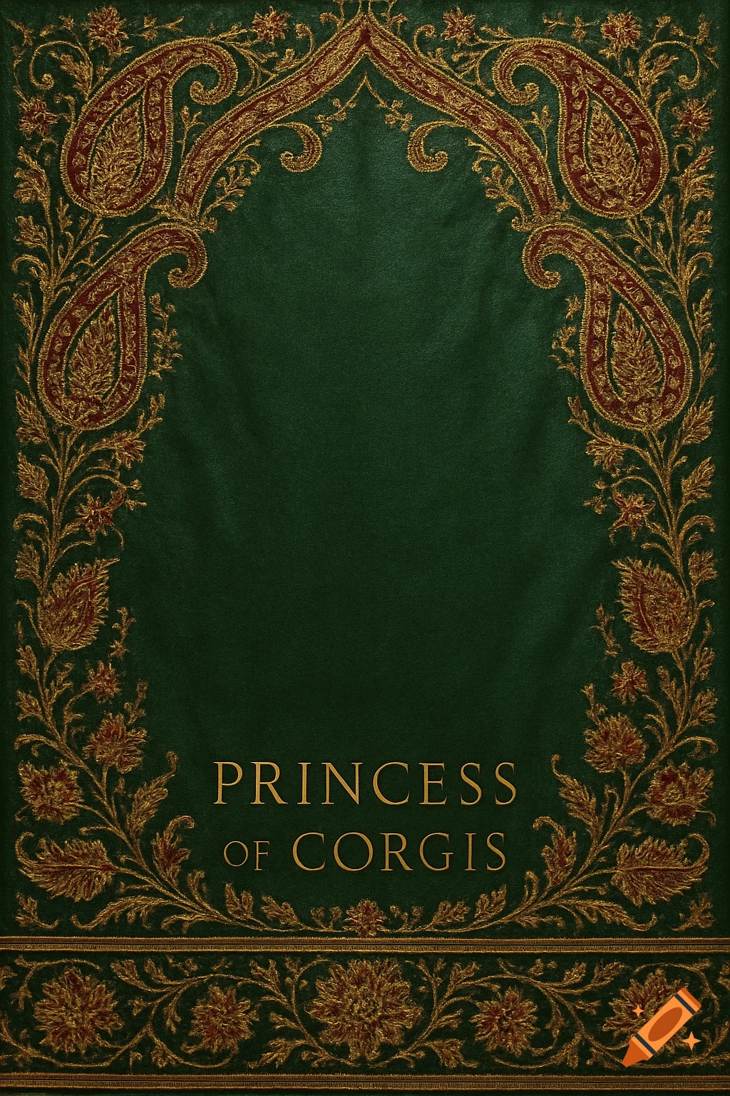 A dark green book cover with ornate gold and red embroidered Indian paisley and floral patterns, featuring the title "PRINCESS OF CORGIS" in gold text at the bottom.