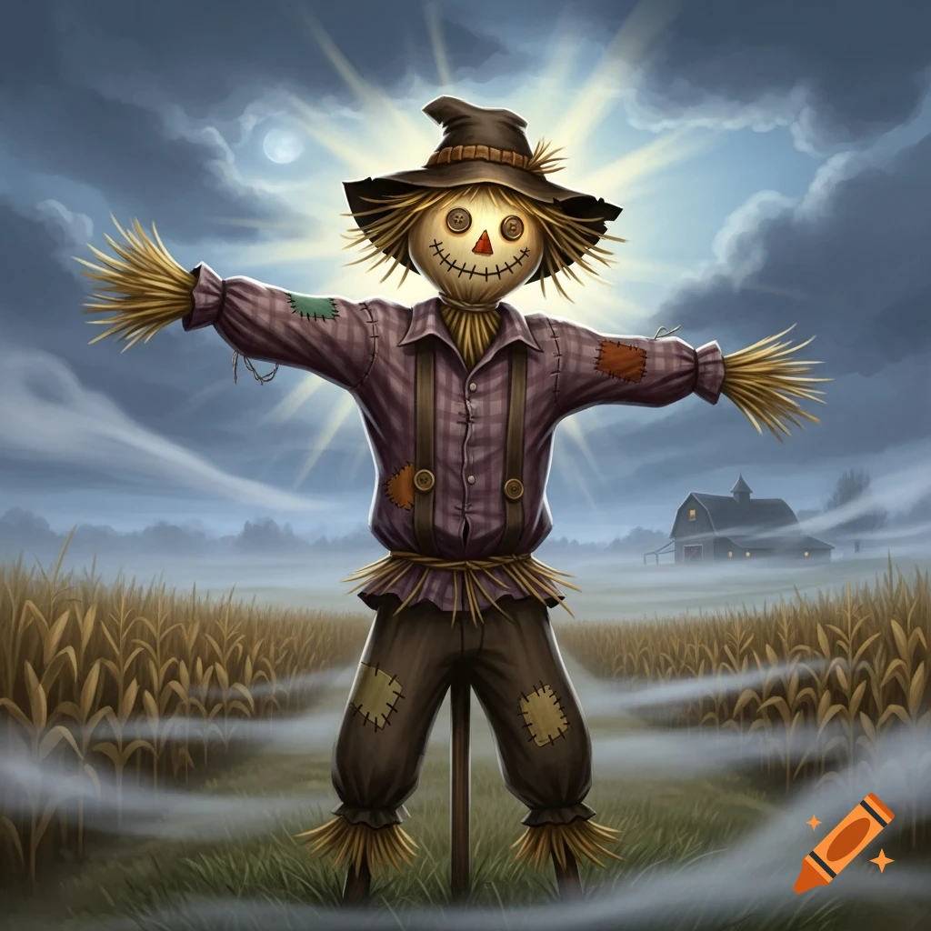 A friendly, whimsical scarecrow with button eyes stands in a misty cornfield with a barn in the distance under a cloudy, bright sky.