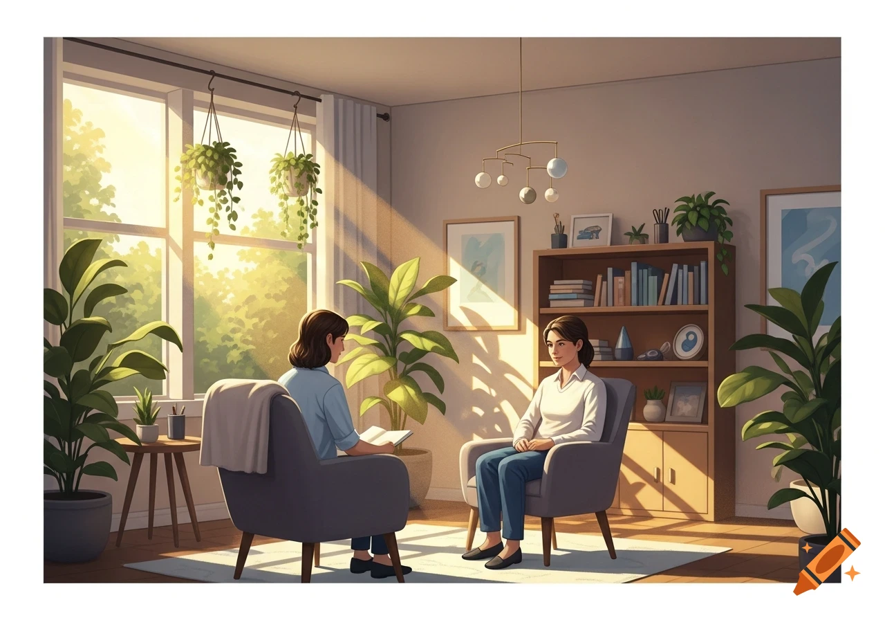 Two women engaged in a counseling session in a sunlit room filled with green plants and bookshelves, in a digital art style.