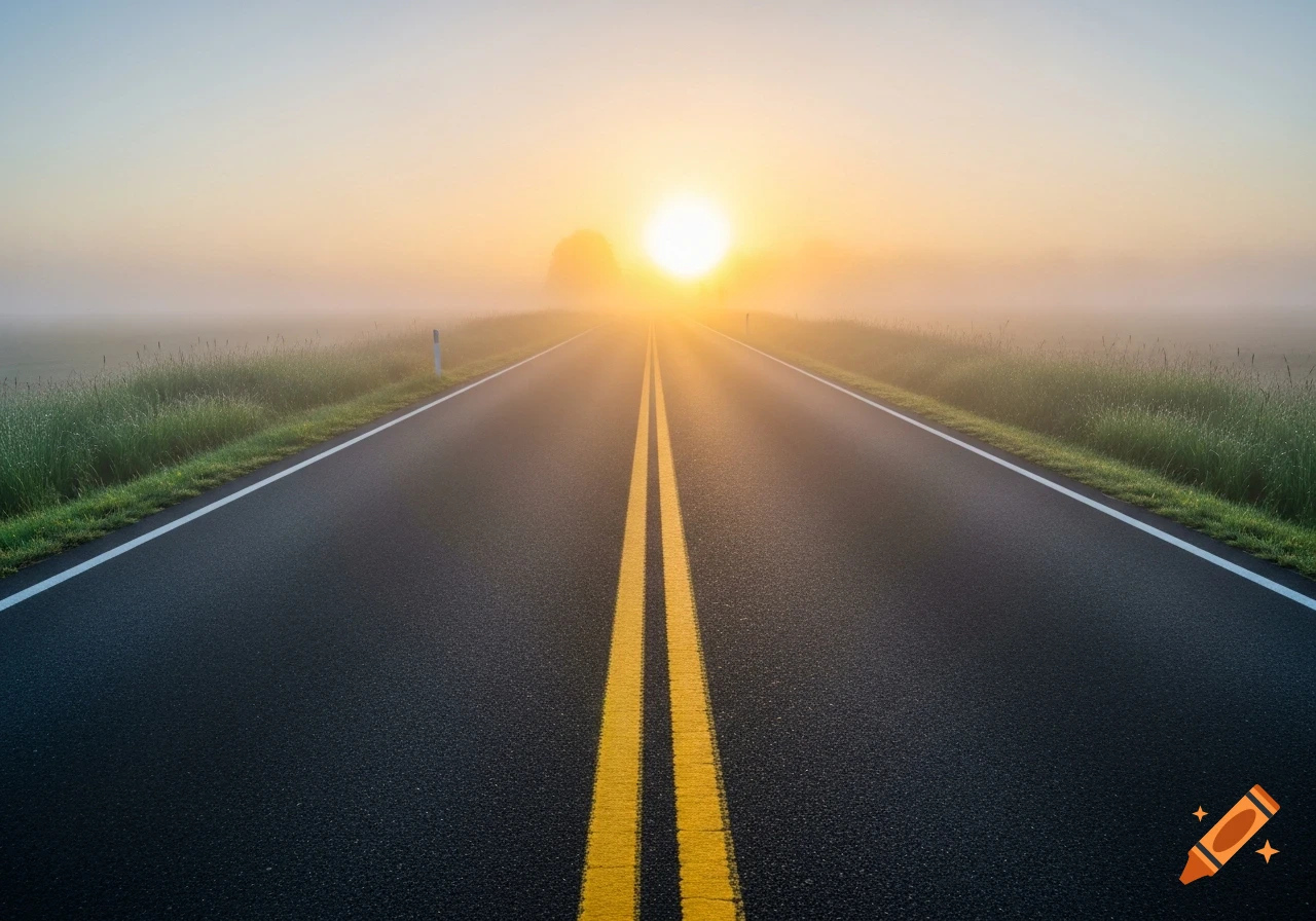 A long blacktop road with yellow double lines extending into a misty sunrise, flanked by dewy grass.