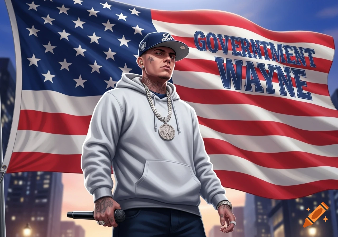 Illustration of a rapper in a hoodie, cap, and chain, holding a microphone, in front of an American flag with 'GOVERNMENT WAYNE' text. City background.