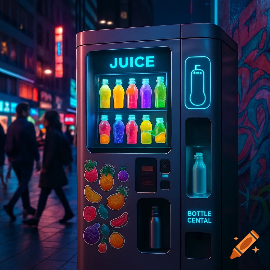 A neon-lit vending machine with colorful juice bottles and a bottle refill station on a blurred city street at night.