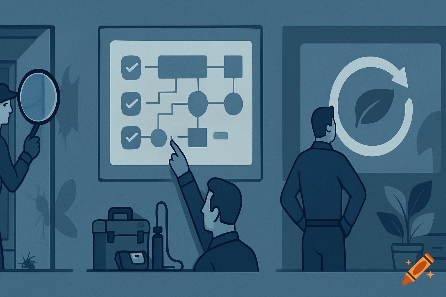 Flat illustration in blues showing pest control technician inspecting, professional planning with a flowchart, and a person viewing a sustainability symbol.