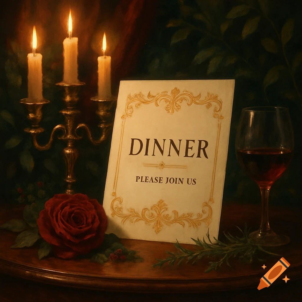 A dimly lit still life featuring a dinner invitation card, lit candles in a candelabra, a red rose, and a wine glass on a wooden table.