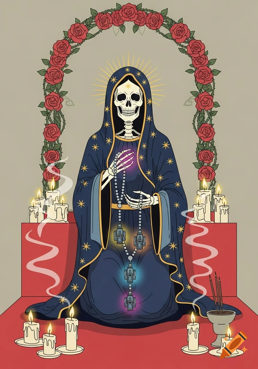 Flat vector illustration of Santa Muerte, a skeleton in a starry robe, praying with a rosary of gaming boosters under a rose arch, with lit candles.