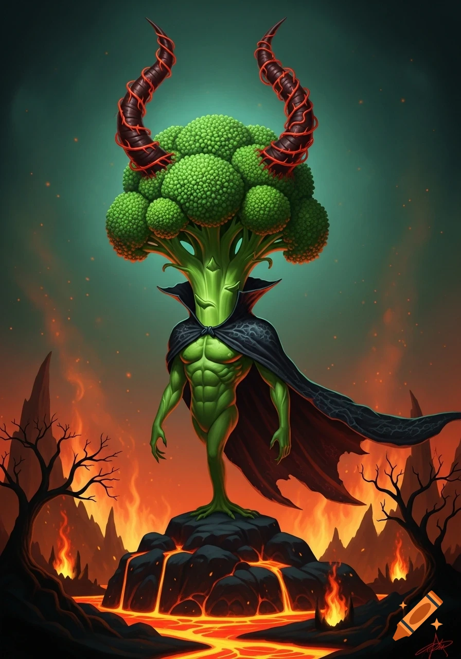 A broccoli demon with large red-wrapped horns and a black cape stands on a rocky island surrounded by lava in a hellish landscape.