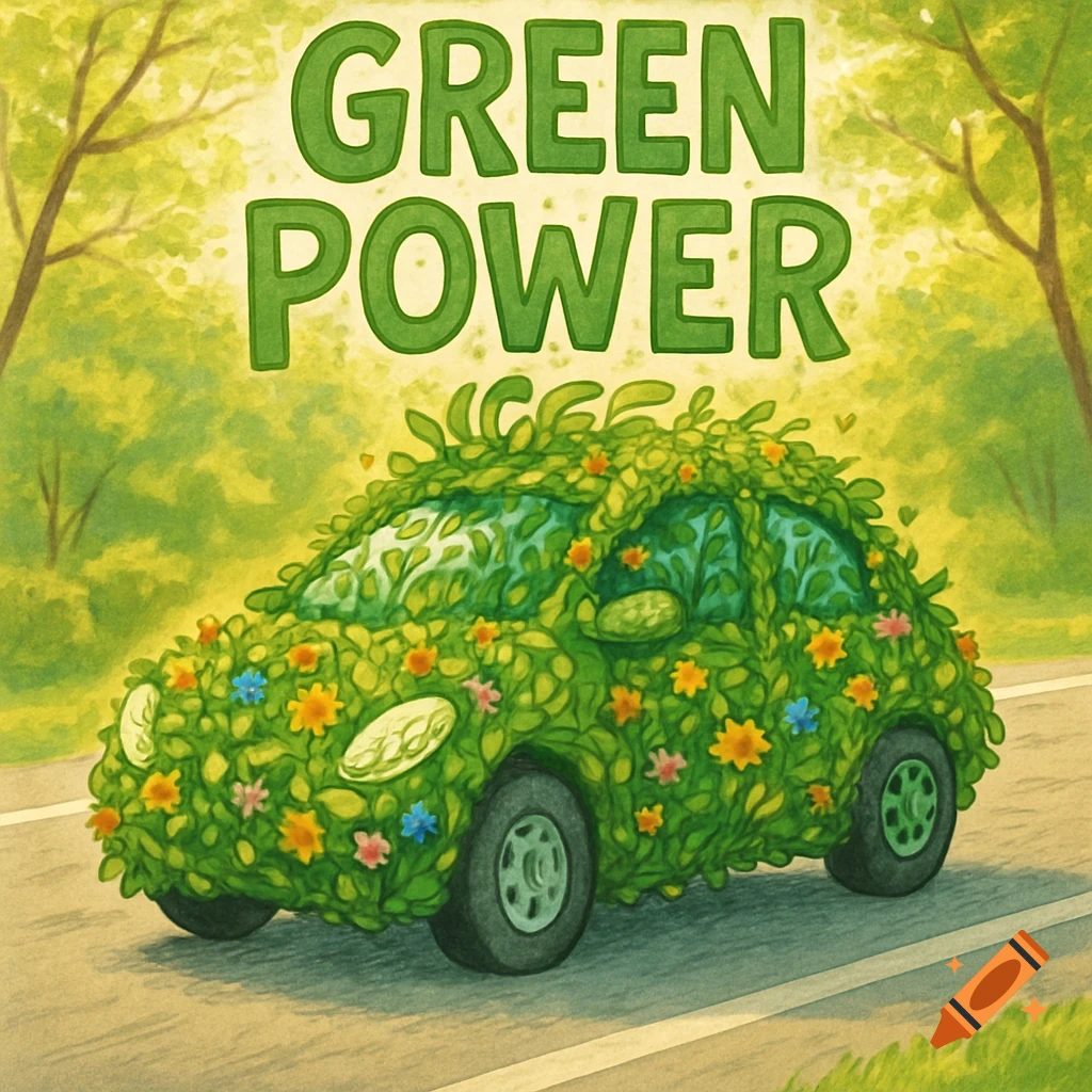 Cartoon illustration of a car covered in green leaves and colorful flowers on a road, with "GREEN POWER" text above.
