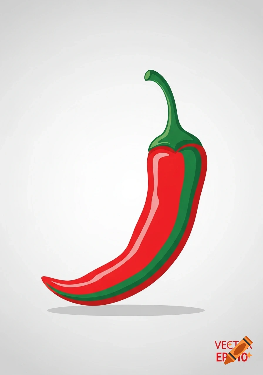 A stylized red and green chili pepper illustration on a light grey background.