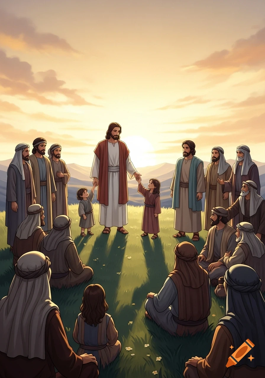 Jesus stands holding hands with two children, surrounded by seated and standing adult figures, in a grassy field at sunset, in an illustration style.