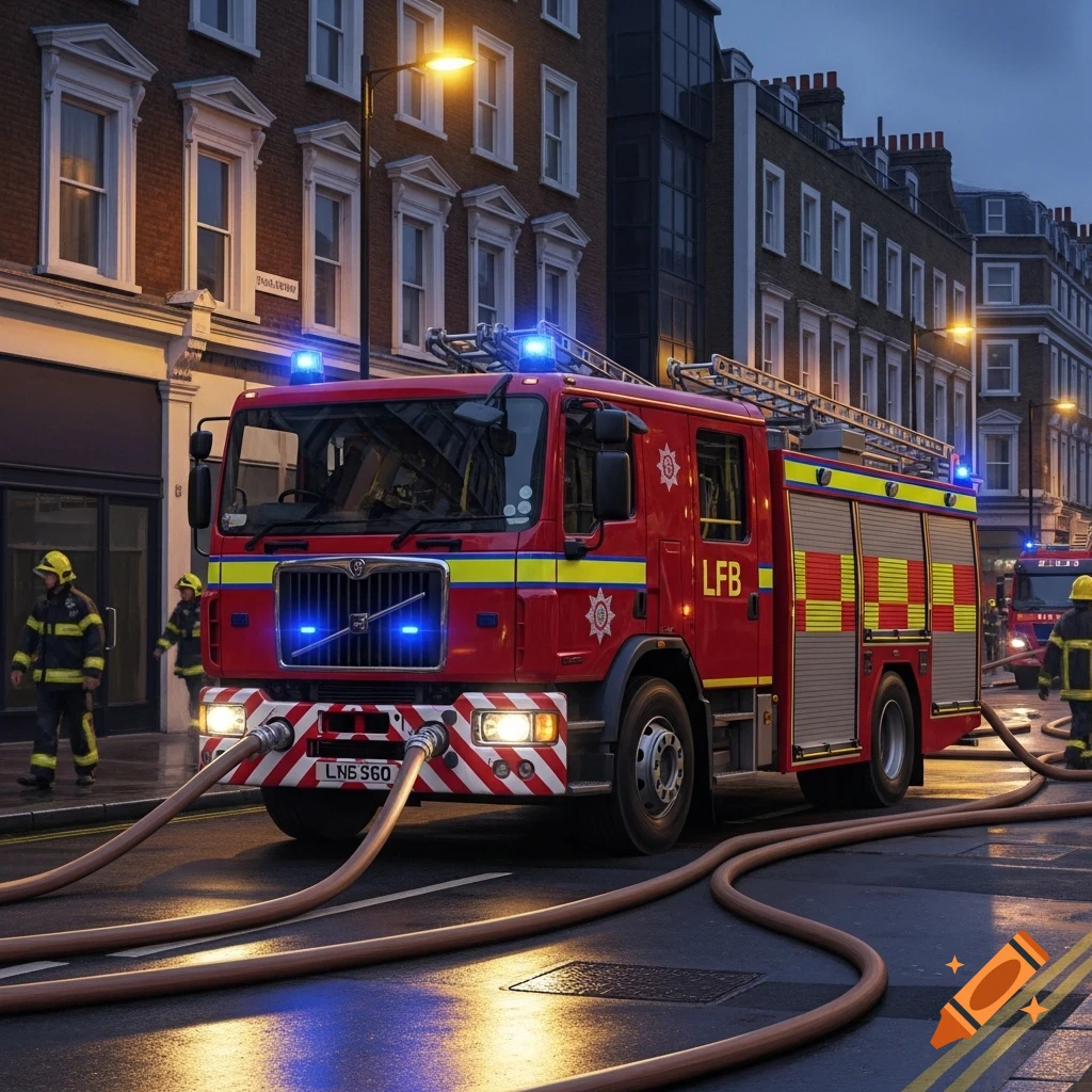 Photorealistic image of a red British LFB fire truck with hoses deployed on a wet city street at night, with firefighters in the background.