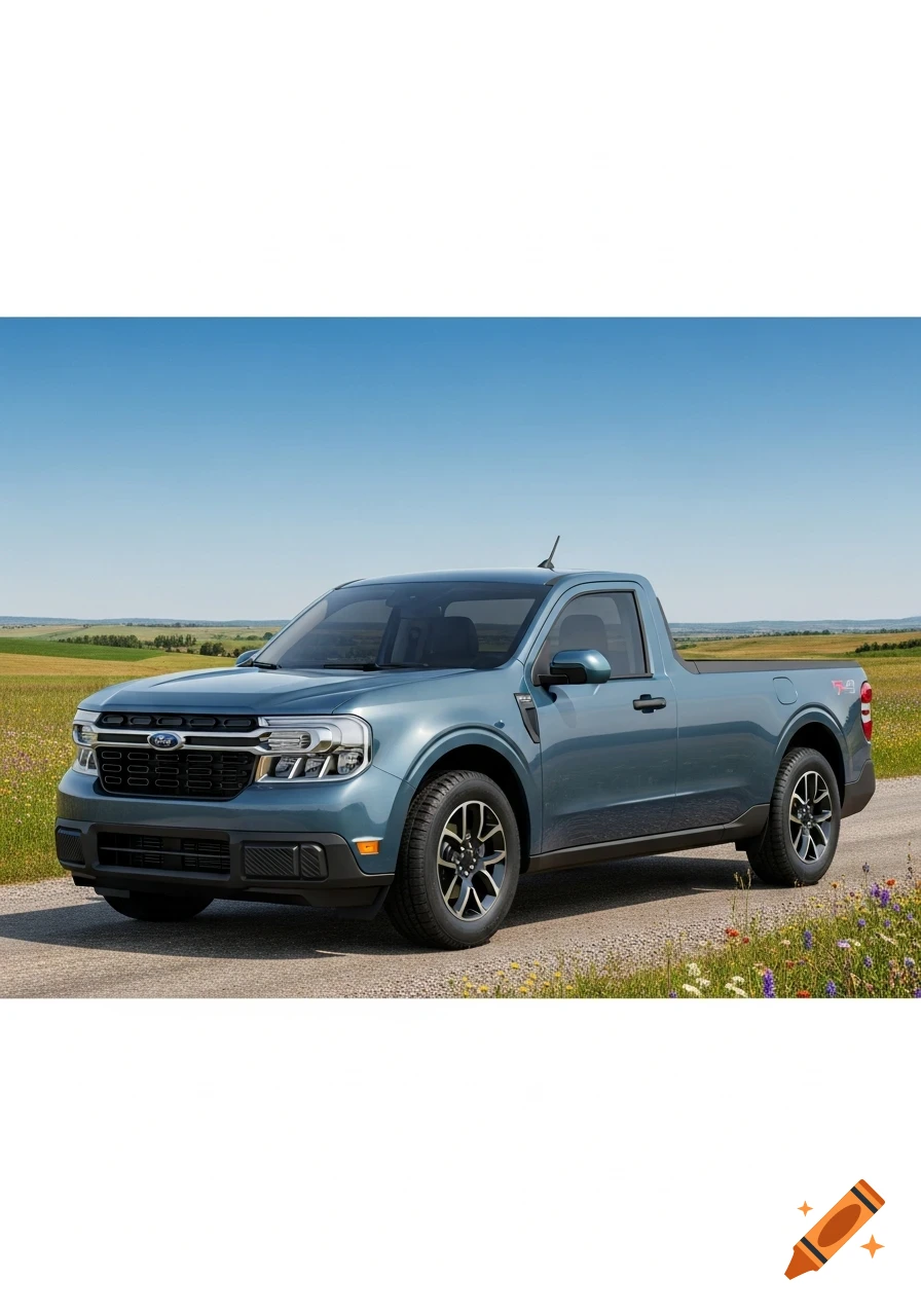 A blue Ford Maverick regular cab pickup truck with a long bed sits on a gravel road in a field under a clear blue sky.