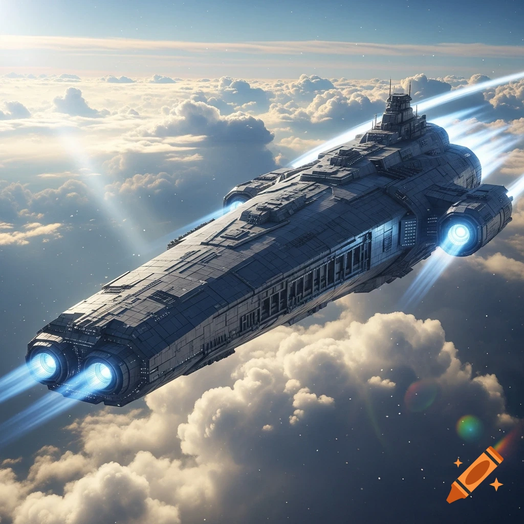 An ultra photorealistic juggernaut style spaceship with glowing engines flying through fluffy clouds in a bright blue sky.