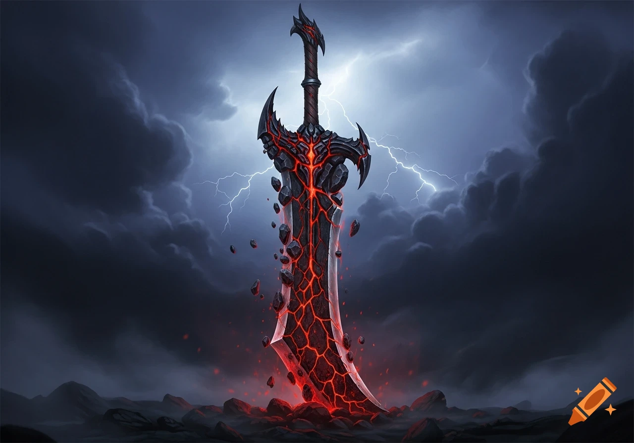 A dark, jagged fantasy sword with glowing red cracks and floating rocks stands in a desolate landscape under a stormy, lightning sky.