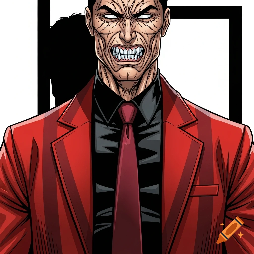 An angry, gaunt man in a red suit with a black shirt and burgundy tie, showing sharp teeth in a comic book illustration style.