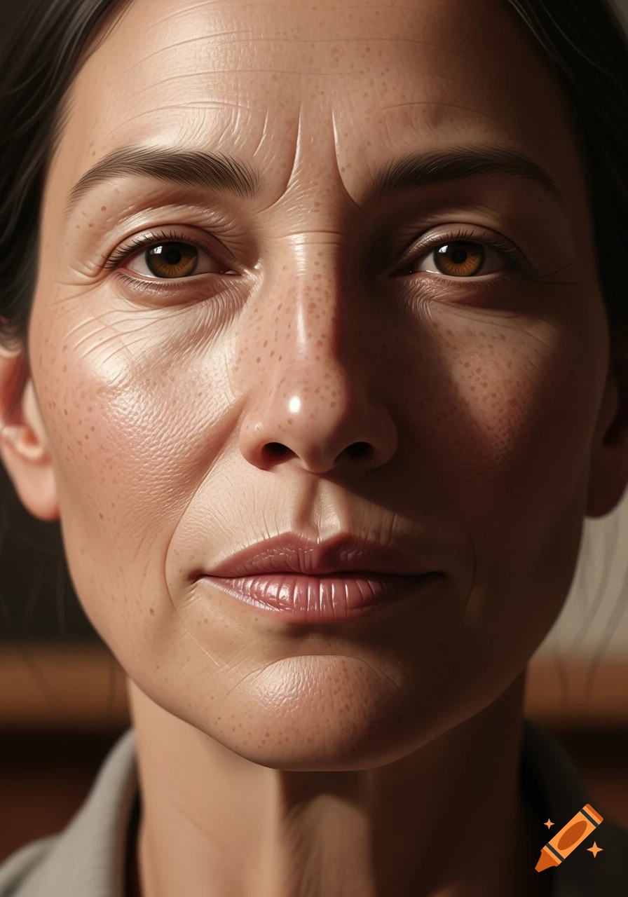 A photorealistic close-up portrait of a woman's face with freckles and wrinkles, looking directly forward.