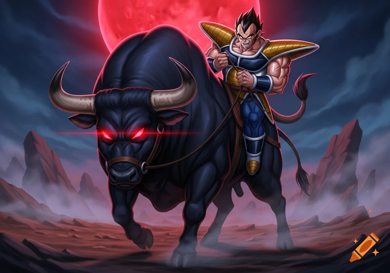 Anime art of Vegeta from Dragon Ball Z riding a fierce black bull with glowing red eyes under a large red moon on a desolate, rocky planet.