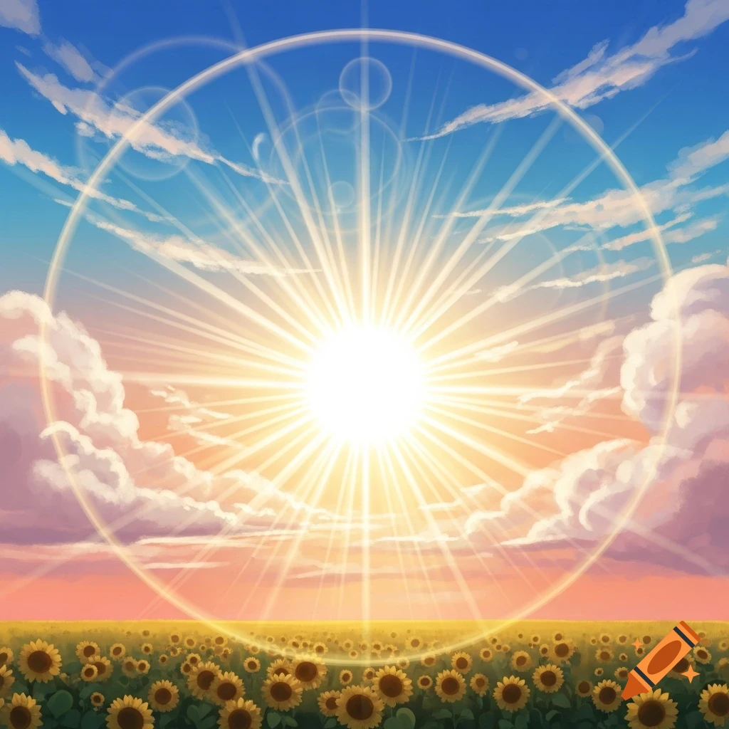 Bright sun with lens flare over a field of sunflowers under a blue and orange sky with clouds, in an illustrative style.