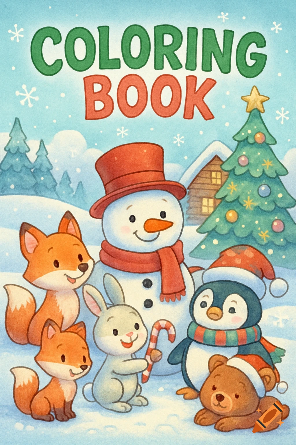 Cheerful Christmas coloring book cover with a snowman, foxes, rabbit, penguin, and bear in a snowy landscape, text "COLORING BOOK" at the top.