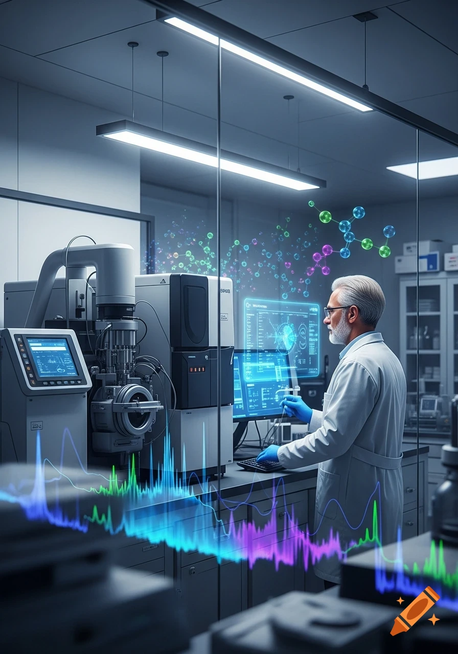 A male scientist in a white lab coat and blue gloves works at a computer in a futuristic laboratory with holographic data.