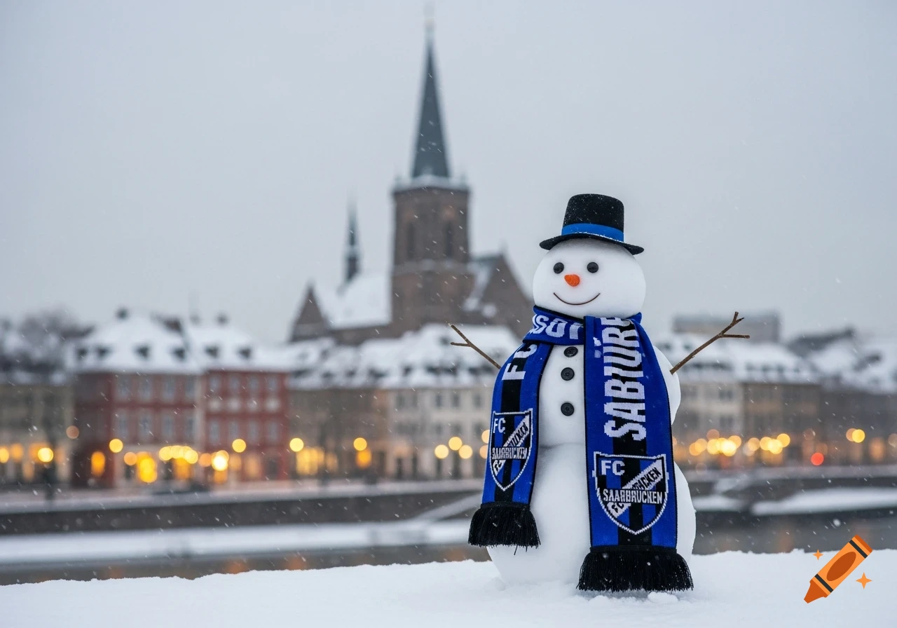 Photorealistic snowman with an FC Saarbrücken scarf and top hat in a snowy city, with blurred buildings and a church spire in the background.