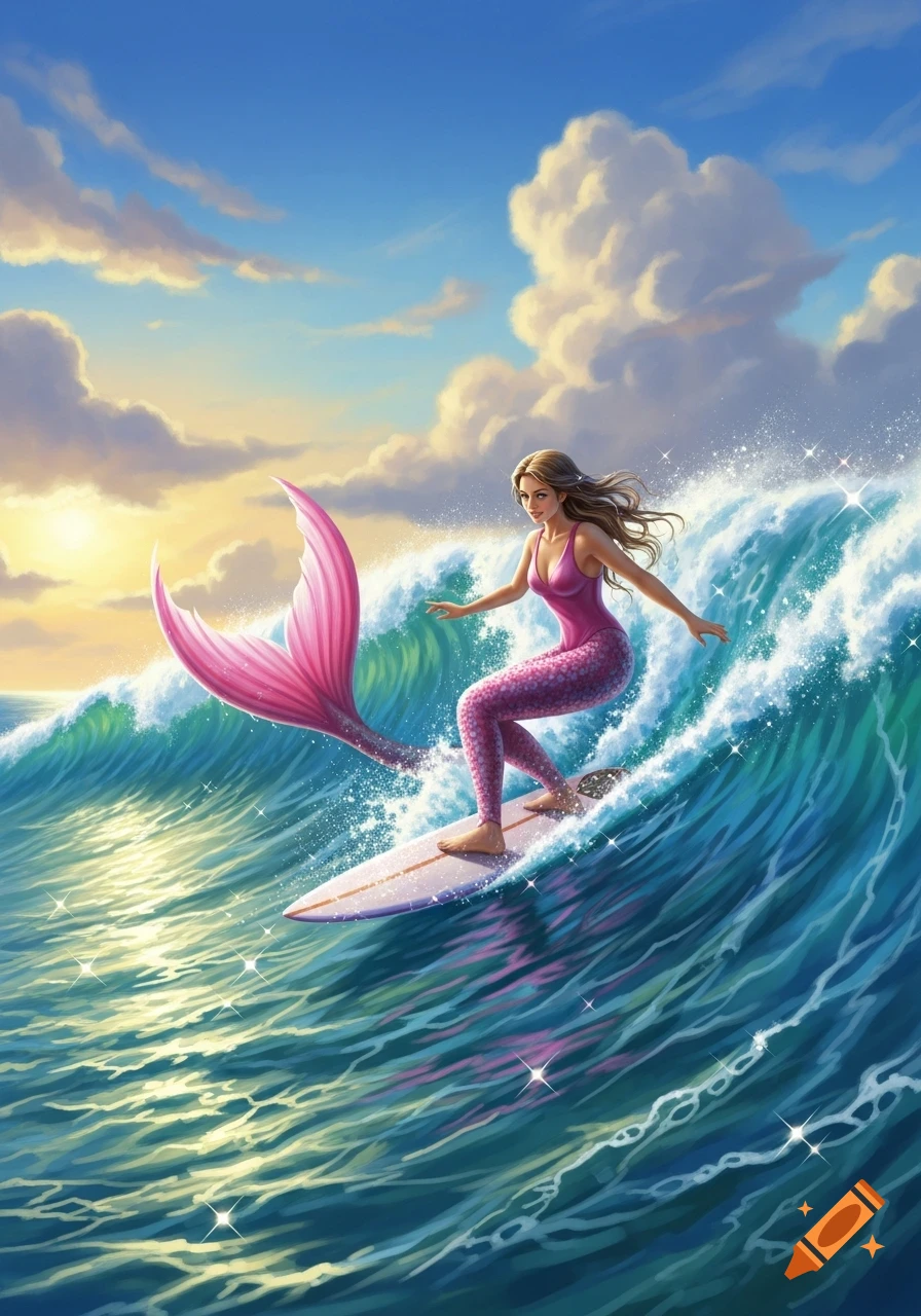 A vibrant illustration of a mermaid with a pink tail and swimsuit surfing on a large ocean wave at sunset.