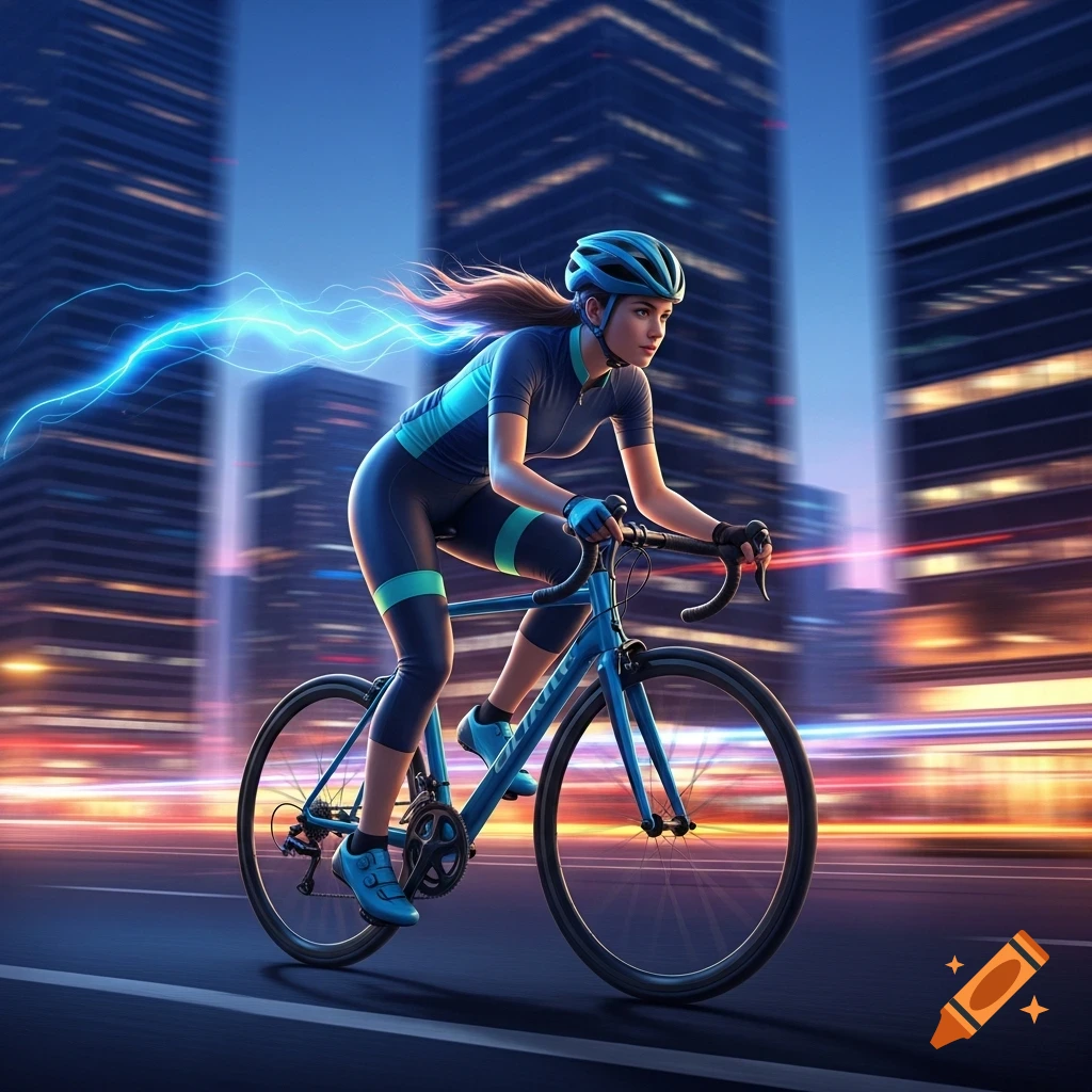 A female cyclist in a blue and teal suit speeds on a blue racing bike through a blurred city street at night, trailing electric blue energy.