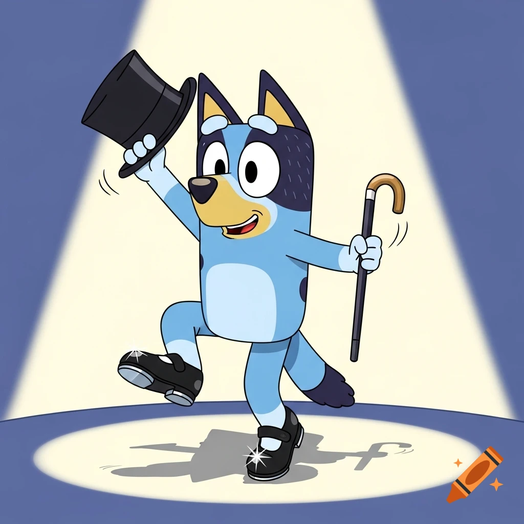 Bluey the cartoon dog tap dancing in a spotlight, wearing a black top hat, holding a cane, and black tap shoes.