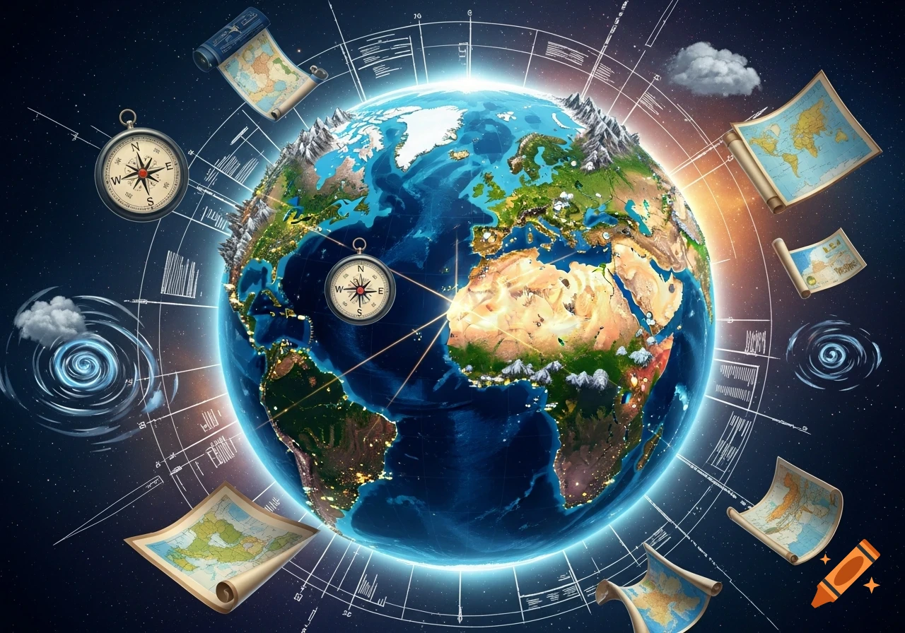 Stylized Earth in space, surrounded by floating maps, compasses, and abstract lines, depicting geography.