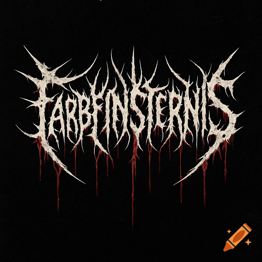 Stylized white and red death metal band logo with dripping blood on a black background, spelling 'Farbfinsternis'.