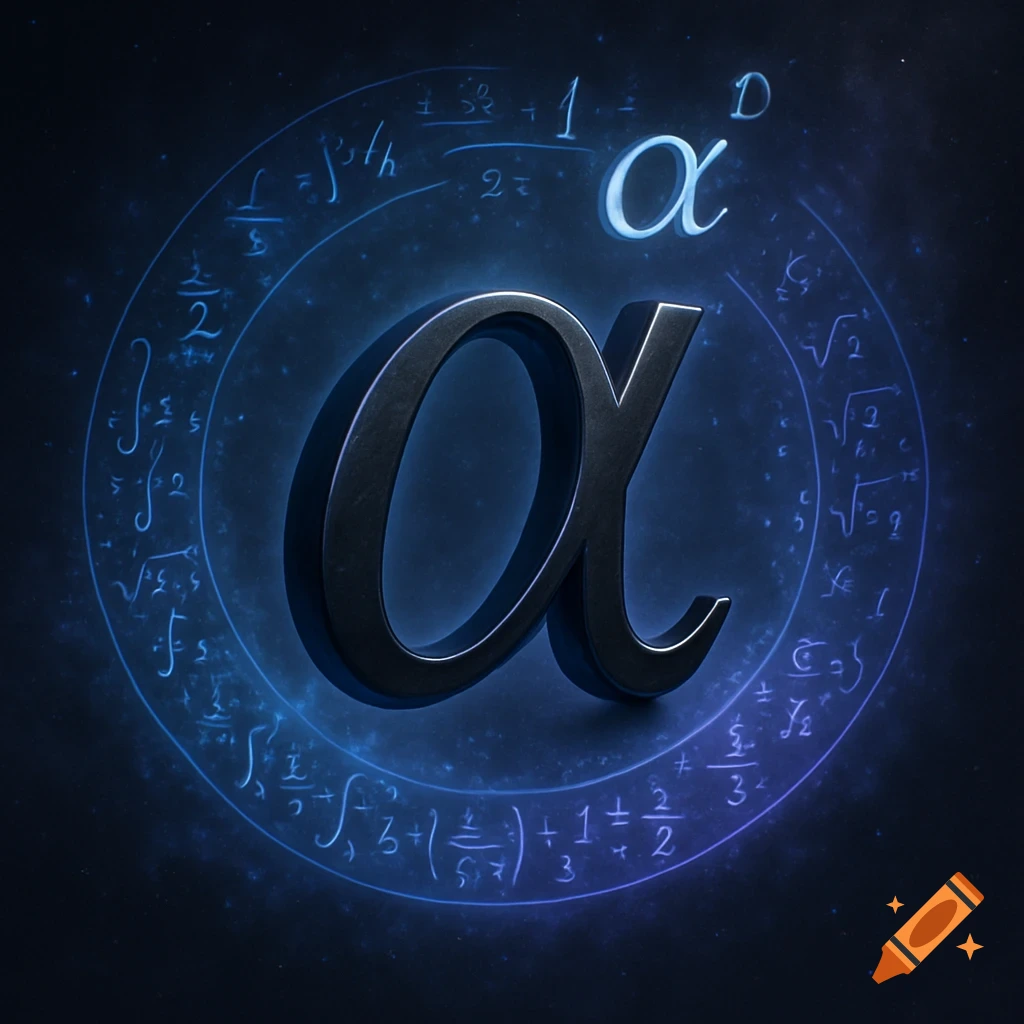A metallic Greek letter alpha with a glowing smaller alpha as its superscript, surrounded by a luminous blue circle of incoherent mathematical equations and symbols on a dark, starry background.