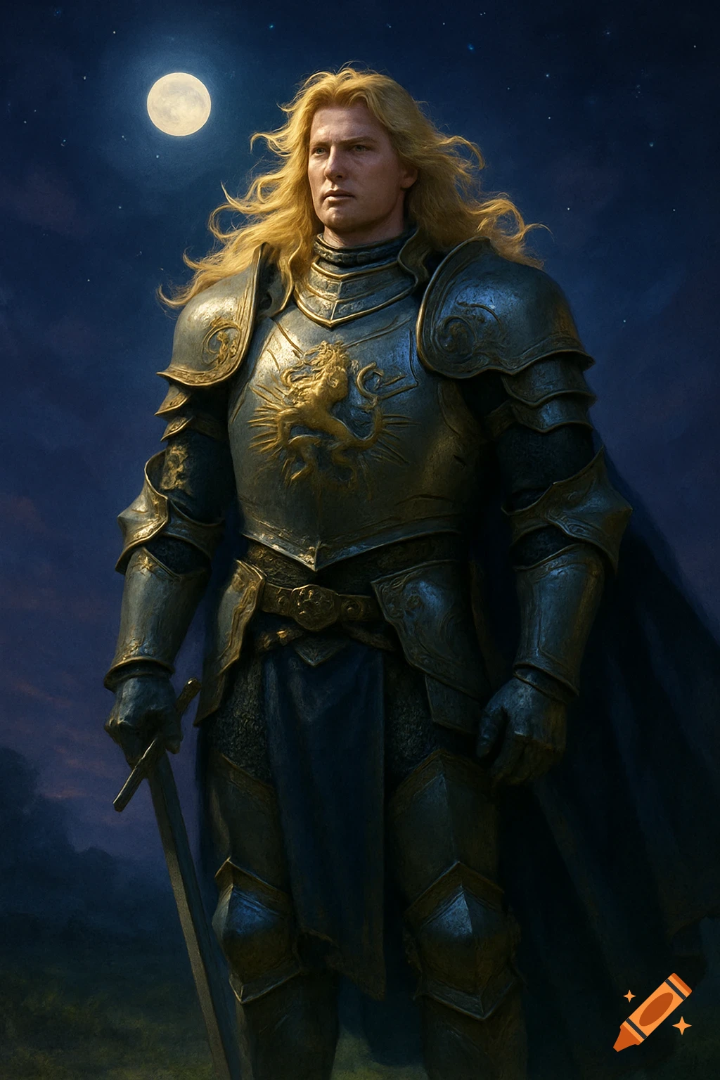 A knight with long golden hair in ornate, lion-crested armor stands under a full moon at night, holding a sword.