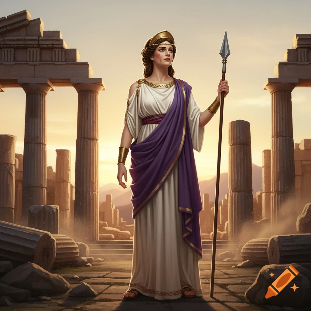 A woman in classical Greek attire with a spear stands among ancient ruins at sunset.