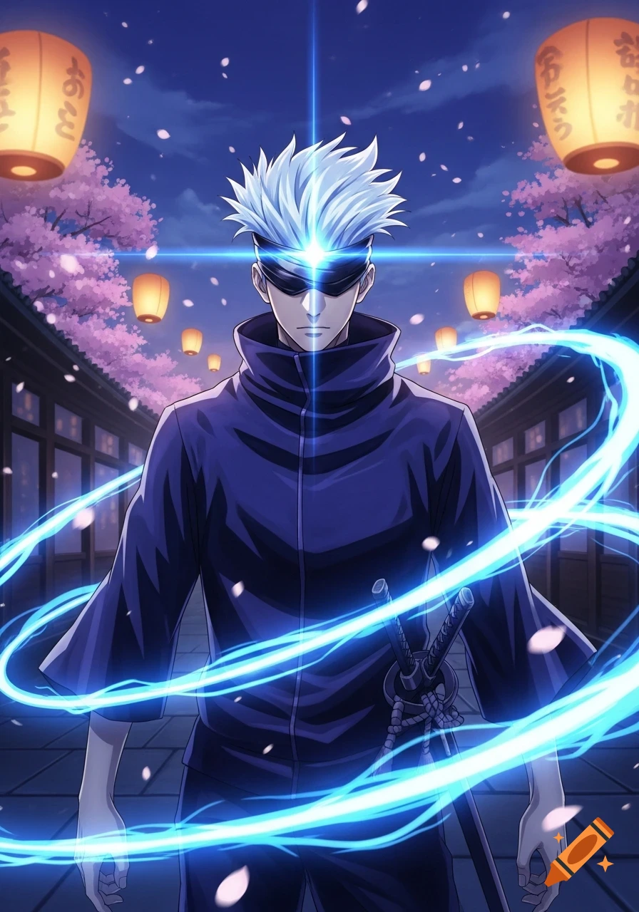 Anime character Gojo Satoru with white hair and blindfold, glowing blue energy, against a night sky with cherry blossoms and lanterns.