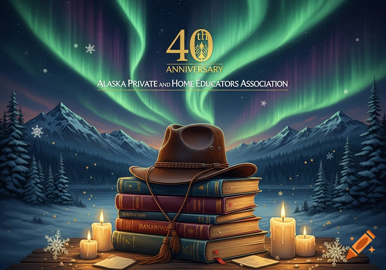 Winter landscape with aurora borealis, mountains, snow, a stack of books, a hat, and lit candles. Text reads "40th ANNIVERSARY ALASKA PRIVATE and HOME EDUCATORS ASSOCIATION".