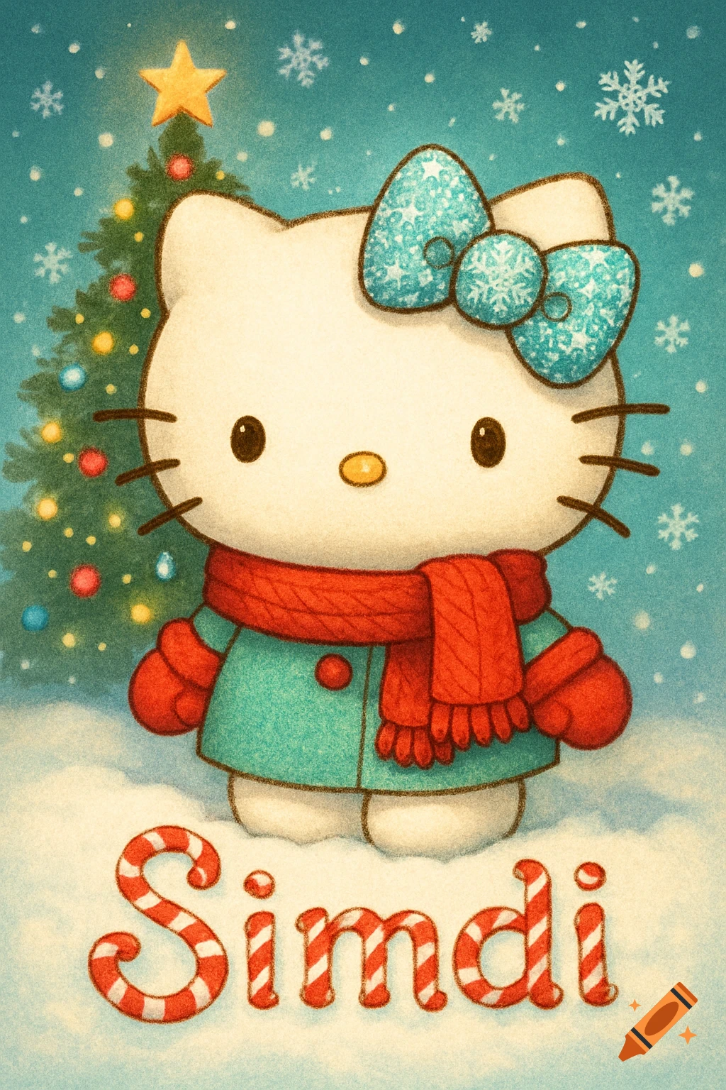 A cartoon Hello Kitty wearing a red scarf and a teal coat stands in the snow with a decorated Christmas tree and falling snowflakes. The name 'Simdi' is written below in candy cane letters.