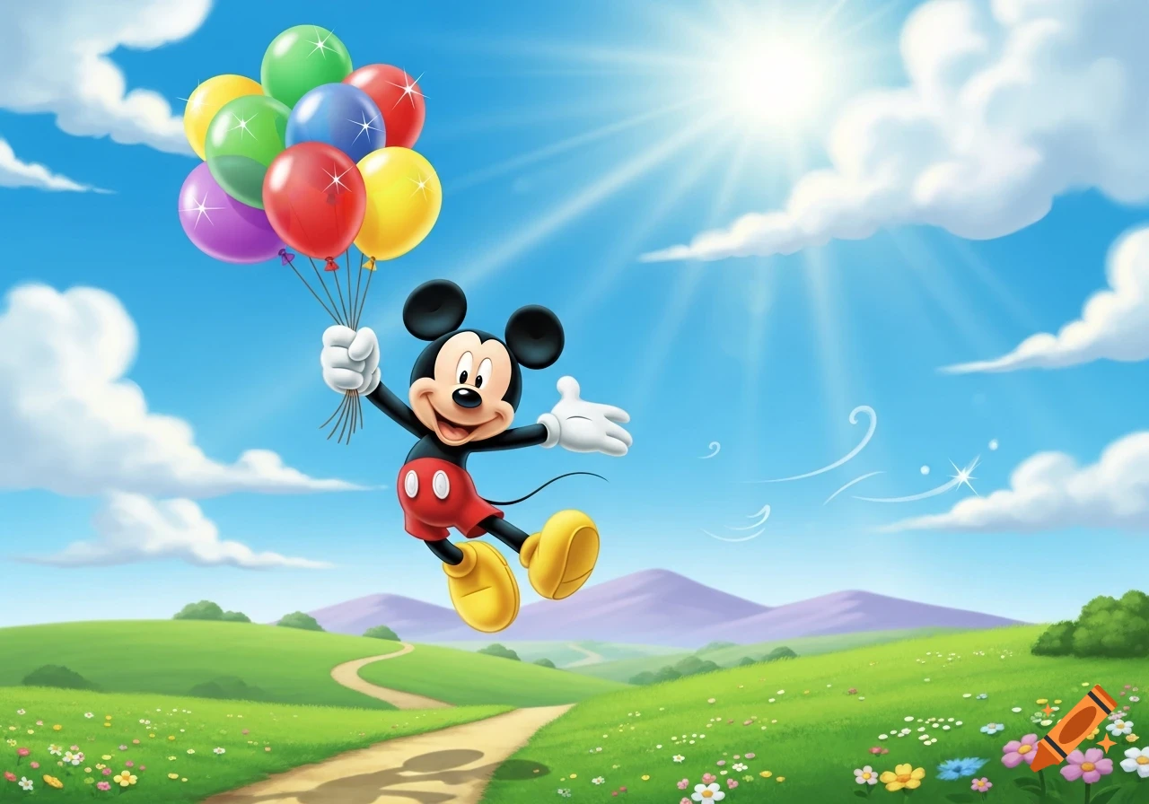 Mickey Mouse floats happily in a sunny blue sky, holding a bunch of colorful balloons above a green landscape with a winding path.
