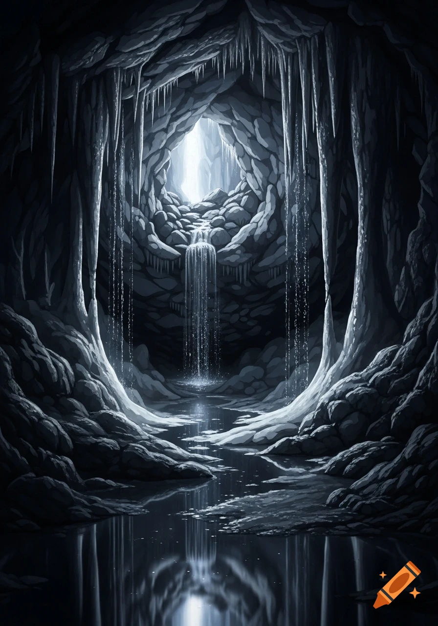 A dark, icy cave with stalactites, a waterfall cascading into a reflective pool, and a mysterious light at the entrance, digital art.