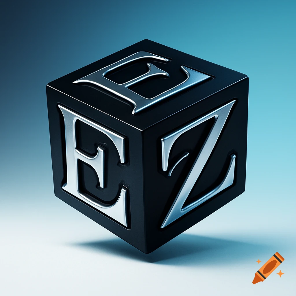 A glossy black cube with shiny silver embossed letters 'E' and 'Z' on its visible faces, set against a blue gradient background.