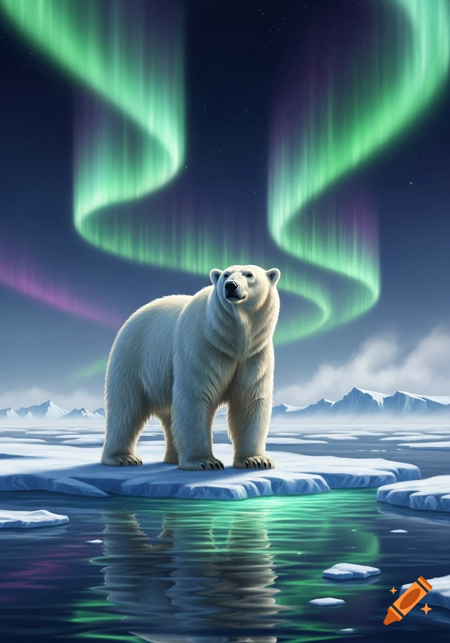 A photorealistic polar bear stands on an ice floe in the arctic sea, under a night sky illuminated by green and purple aurora borealis.