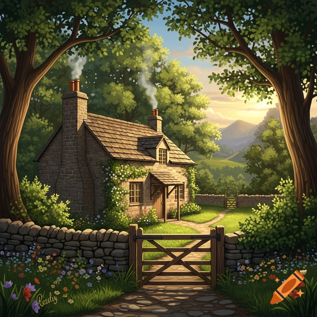 A charming storybook illustration of a stone cottage with a smoking chimney, vines, a garden, and a wooden gate, framed by lush trees.