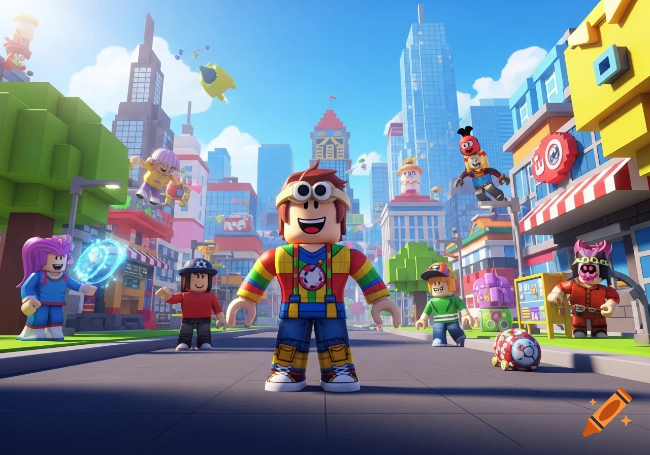 A vibrant 3D rendered scene in the style of Roblox, featuring a group of blocky characters in a bustling cityscape with tall buildings and colorful streets.